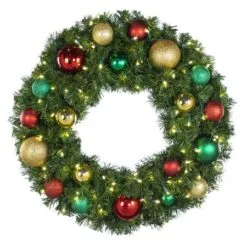 30" Lit LED Warm White Decorated Wreath - Colors Of The Holidays - Bow Option Available