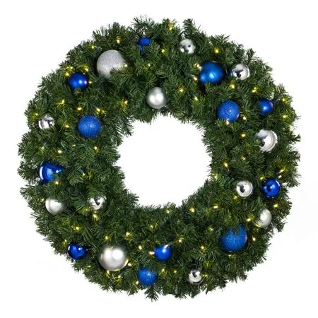 36" Lit LED Warm White Decorated Wreath - Blue And Silver Décor - Bow Option Available