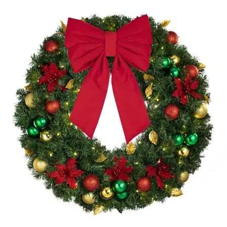 36" Lit LED Warm White Decorated Wreath - Elegant Poinsettia - Bow Option Available - Image 3