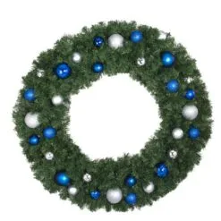48" Unlit Decorated Wreath - Blue And Silver Décor - Bow Option Available