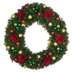 48" Unlit Decorated Wreath - Elegant Poinsettia - Bow Option Available