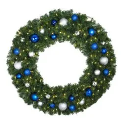 48" Lit LED Warm White Decorated Wreath - Blue And Silver Décor - Bow Option Available