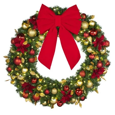 48" Lit LED Warm White Decorated Wreath - DELUXE Royal Poinsettia - Bow Option Available - Image 3