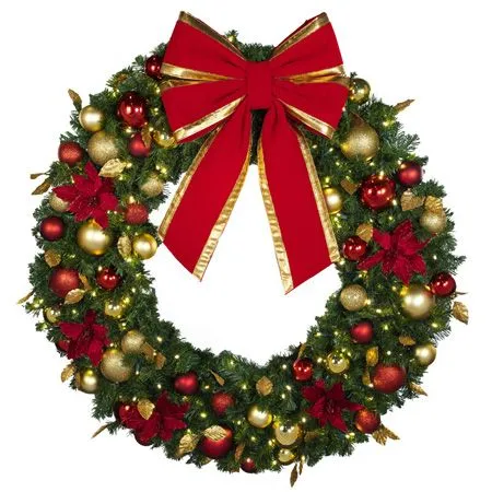 48" Lit LED Warm White Decorated Wreath - DELUXE Royal Poinsettia - Bow Option Available - Image 2