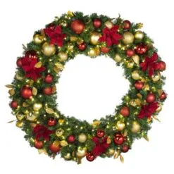 48" Lit LED Warm White Decorated Wreath - DELUXE Royal Poinsettia - Bow Option Available