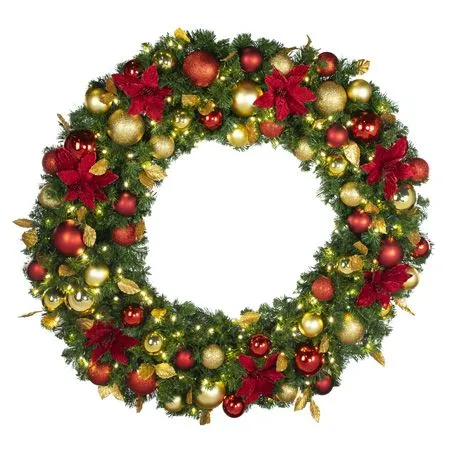48" Lit LED Warm White Decorated Wreath - DELUXE Royal Poinsettia - Bow Option Available
