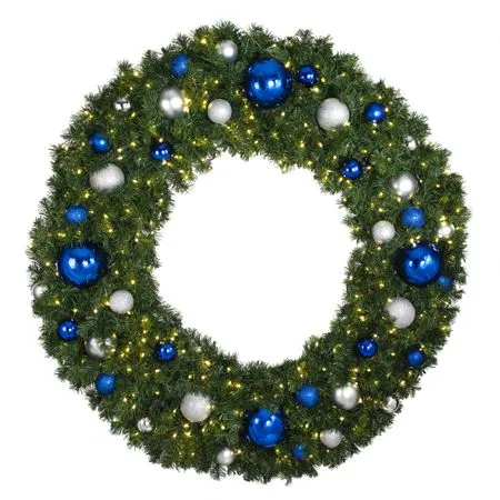 60" Lit LED Warm White Decorated Wreath - Blue And Silver Décor - Bow Option Available