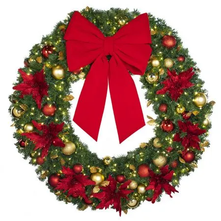 60" Lit LED Warm White Decorated Wreath - DELUXE Royal Poinsettia - Bow Option Available - Image 2