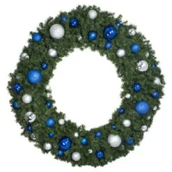 72" Unlit Decorated Wreath - Blue And Silver Décor - Bow Option Available