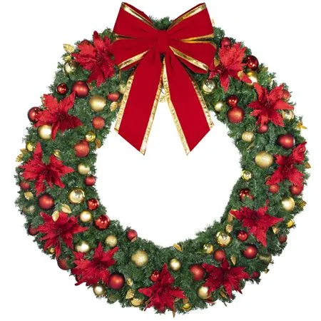 72" Unlit Decorated Wreath - DELUXE Royal Poinsettia - Bow Option Available - Image 3