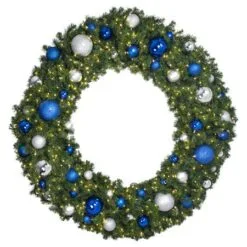 72" Lit LED Warm White Decorated Wreath - Blue And Silver Décor - Bow Option Available