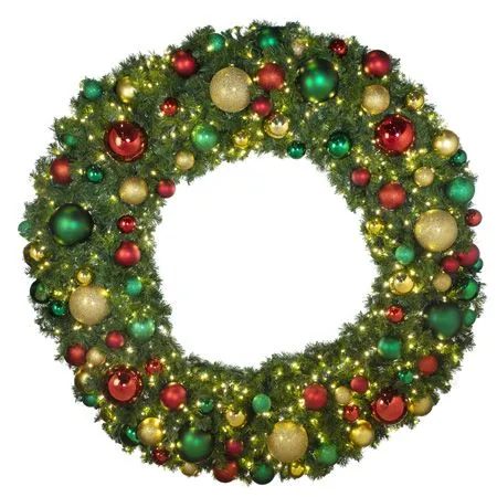 72" Lit LED Warm White Decorated Wreath - DELUXE Colors Of The Holidays - Bow Option Available