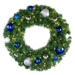 30" Lit LED Warm White Decorated Wreath - Blue And Silver Décor - Bow Option Available