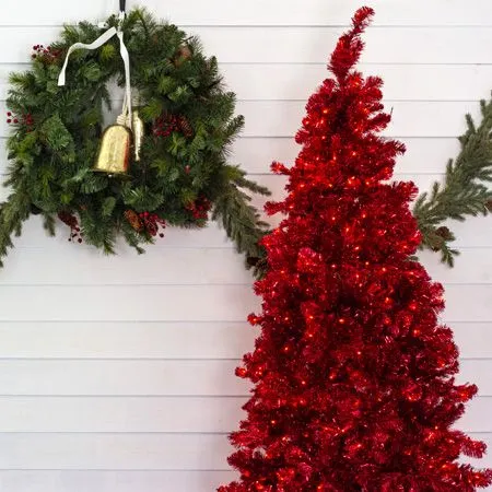 7.5' Indoor LED Shimmer Spruce Tinsel Christmas Tree - Red - Image 2