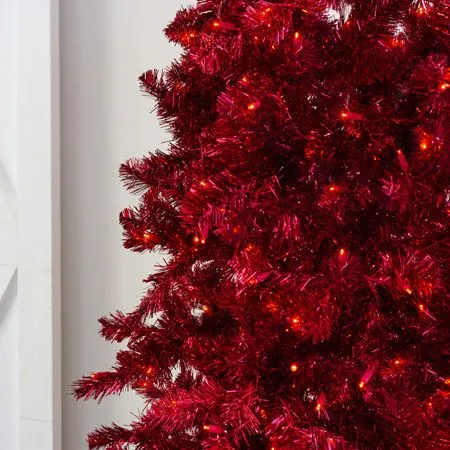 7.5' Indoor LED Shimmer Spruce Tinsel Christmas Tree - Red - Image 4