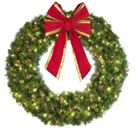 48" Lit Warm White And Red Deluxe Oregon Fir Wreath - Bow Option Available - Image 2