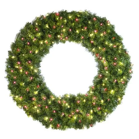 48" Lit Warm White And Red Deluxe Oregon Fir Wreath - Bow Option Available