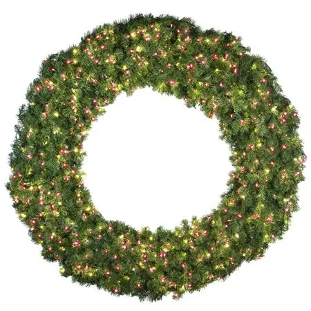 72" Lit Warm White And Red Deluxe Oregon Fir Wreath - Bow Option Available